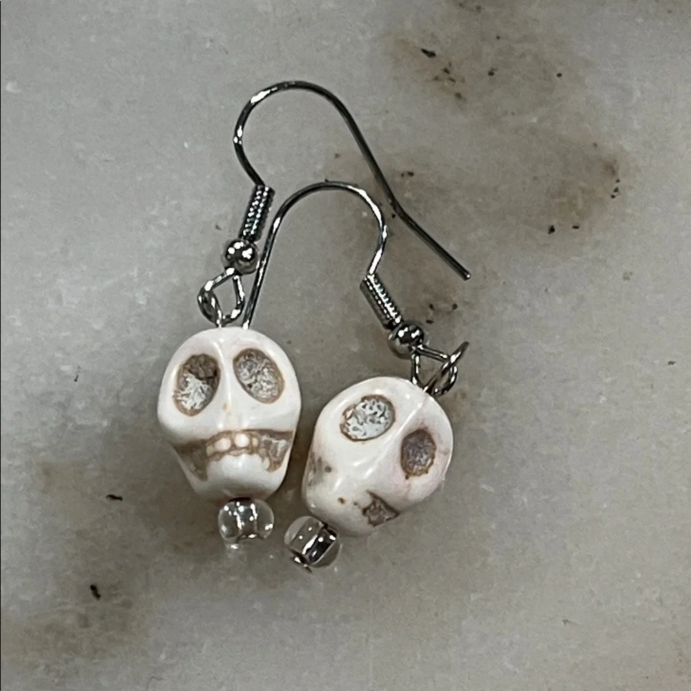 White Howlite Skull Drop Earrings